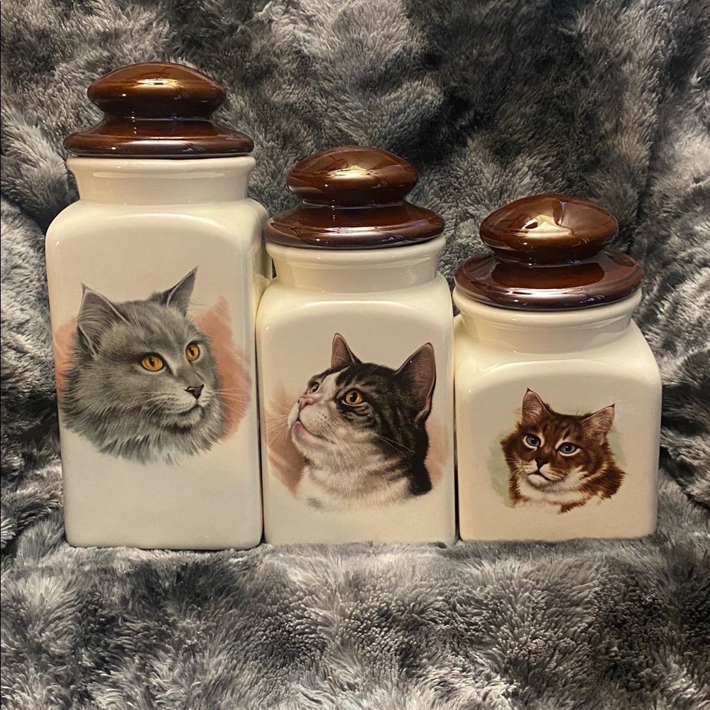 Unique Ceramic Cat Canister Set - Brown and Cream
